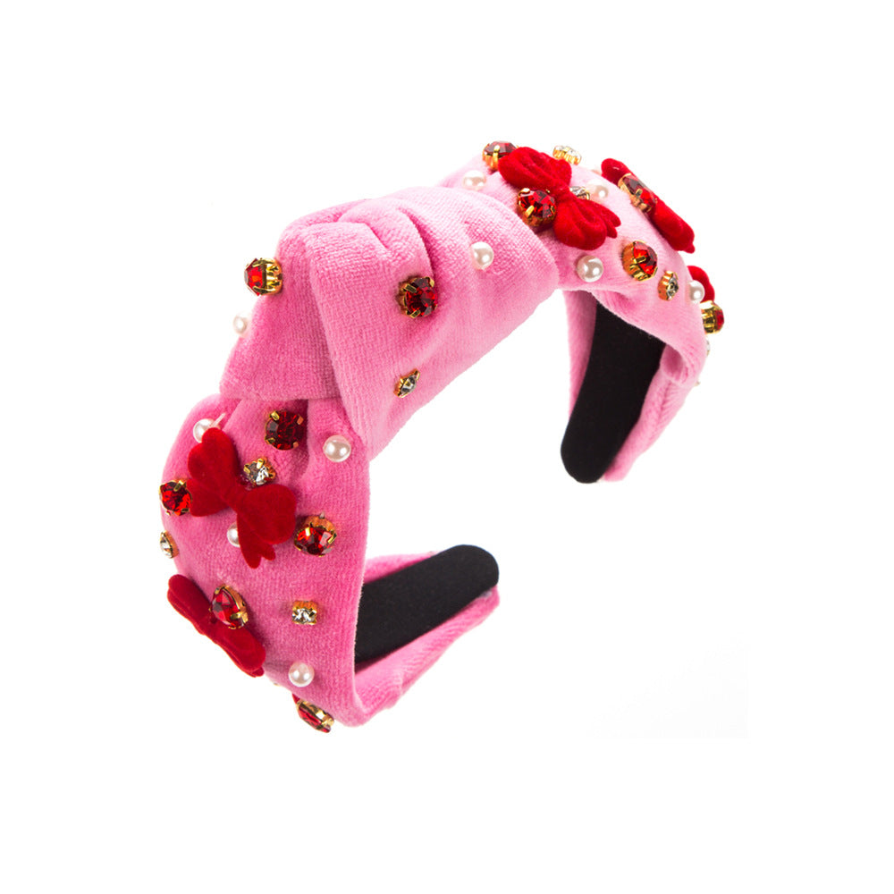 Wholesale Valentine's Day Series Pink Velvet Diamond and Pearl Love Headband